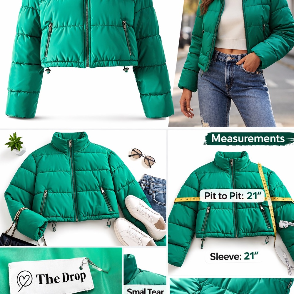 The Drop Green Cropped Puffer Jacket Womens Small Zip Up Quilted Winter Coat